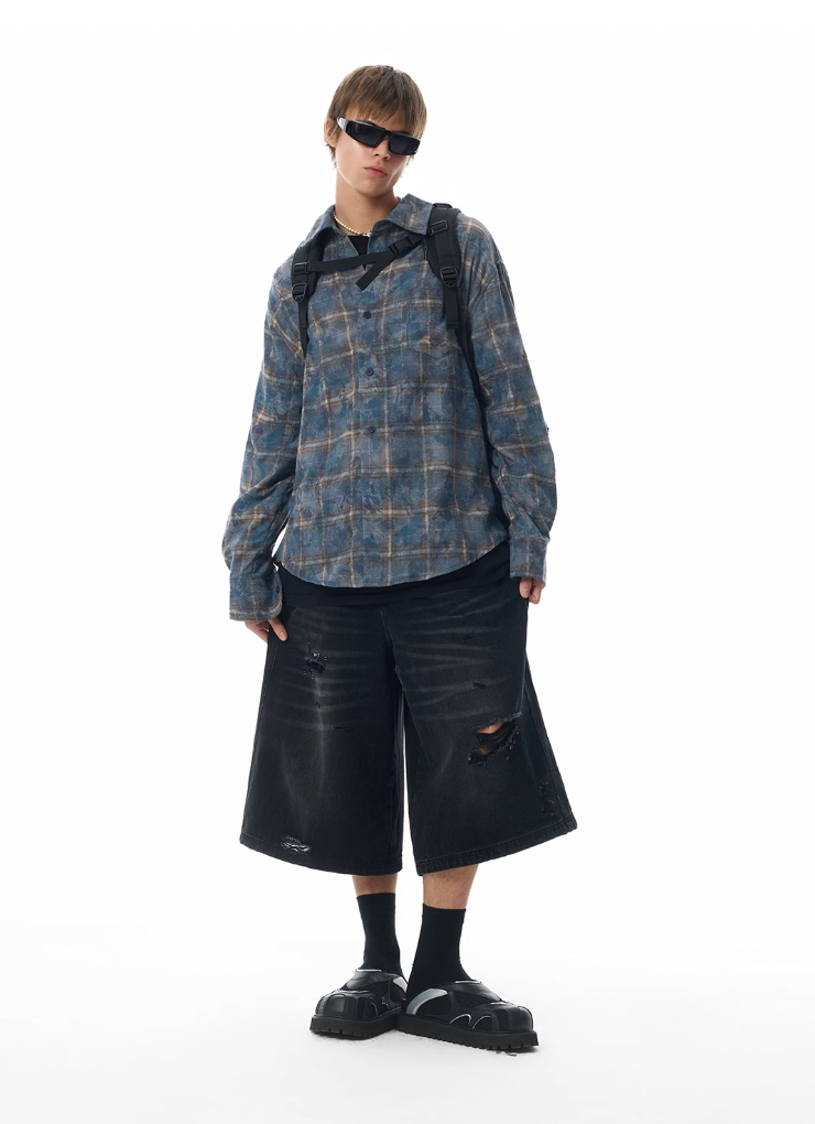 JHYQ Tie Dye Basic Plaid Long Sleeved Shirt