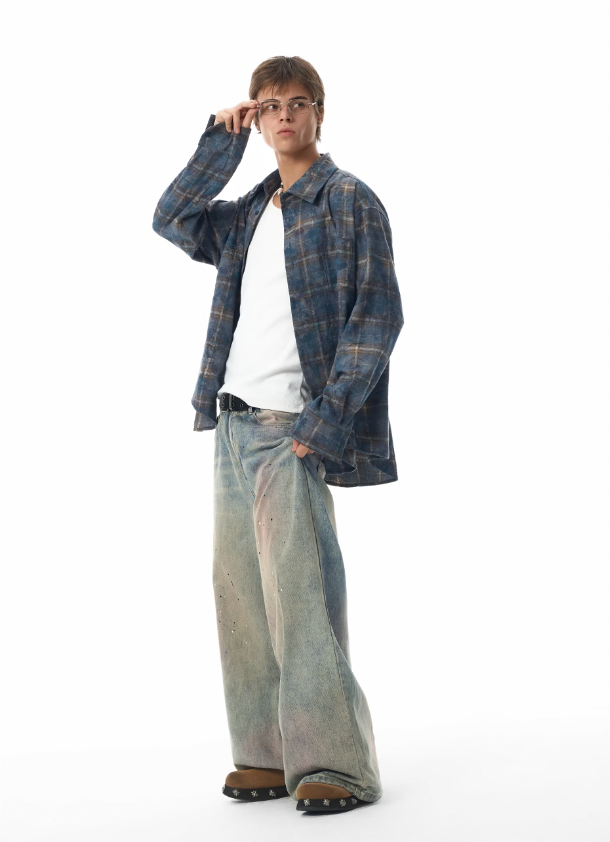 JHYQ Tie Dye Basic Plaid Long Sleeved Shirt
