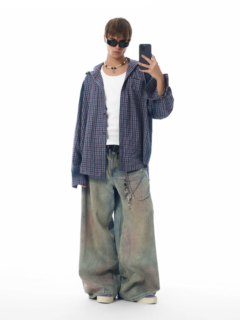JHYQ Gradation Plaid Hooded Long Sleeved Shirt