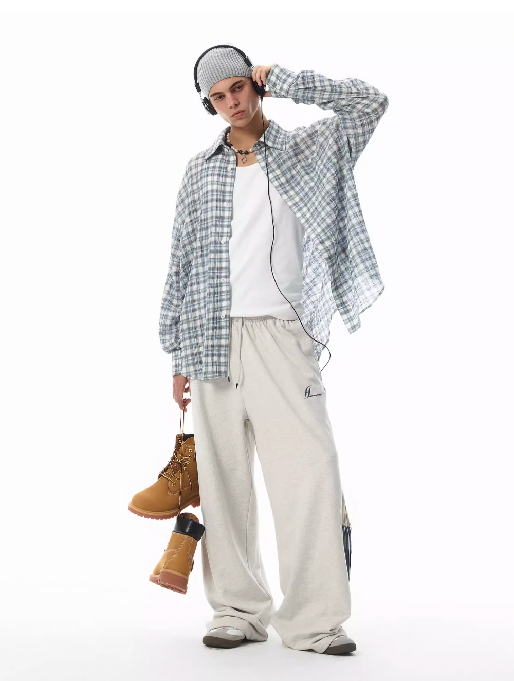 JHYQ Pleated Plaid Long Sleeved Shirt
