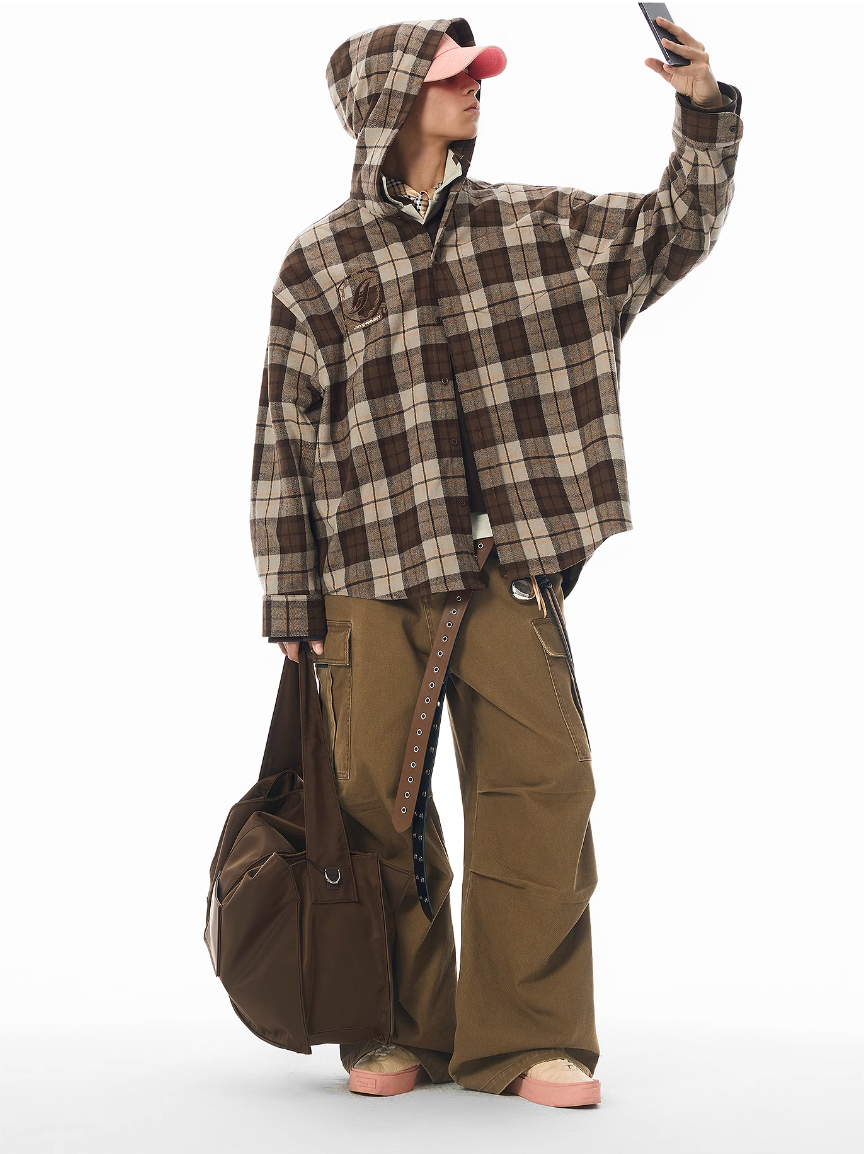 JHYQ Work Plaid Embroidery Hooded Shirt Jacket