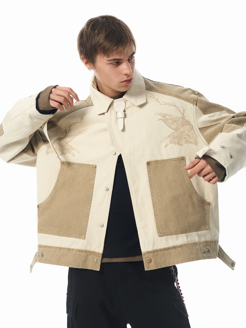JHYQ Contrast Color Stitching Printed Canvas Work Jacket