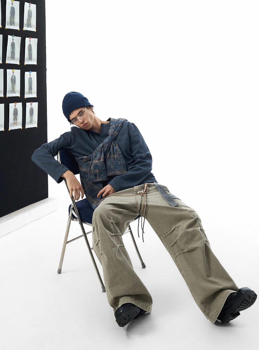 JHYQ Contrast Color Pleated Baggy Cargo Pants