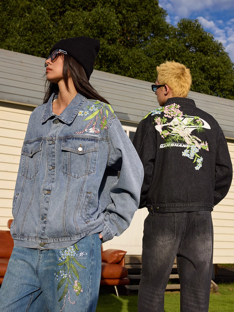 Harsh and Cruel Floral Embroidered Washed Denim Jacket