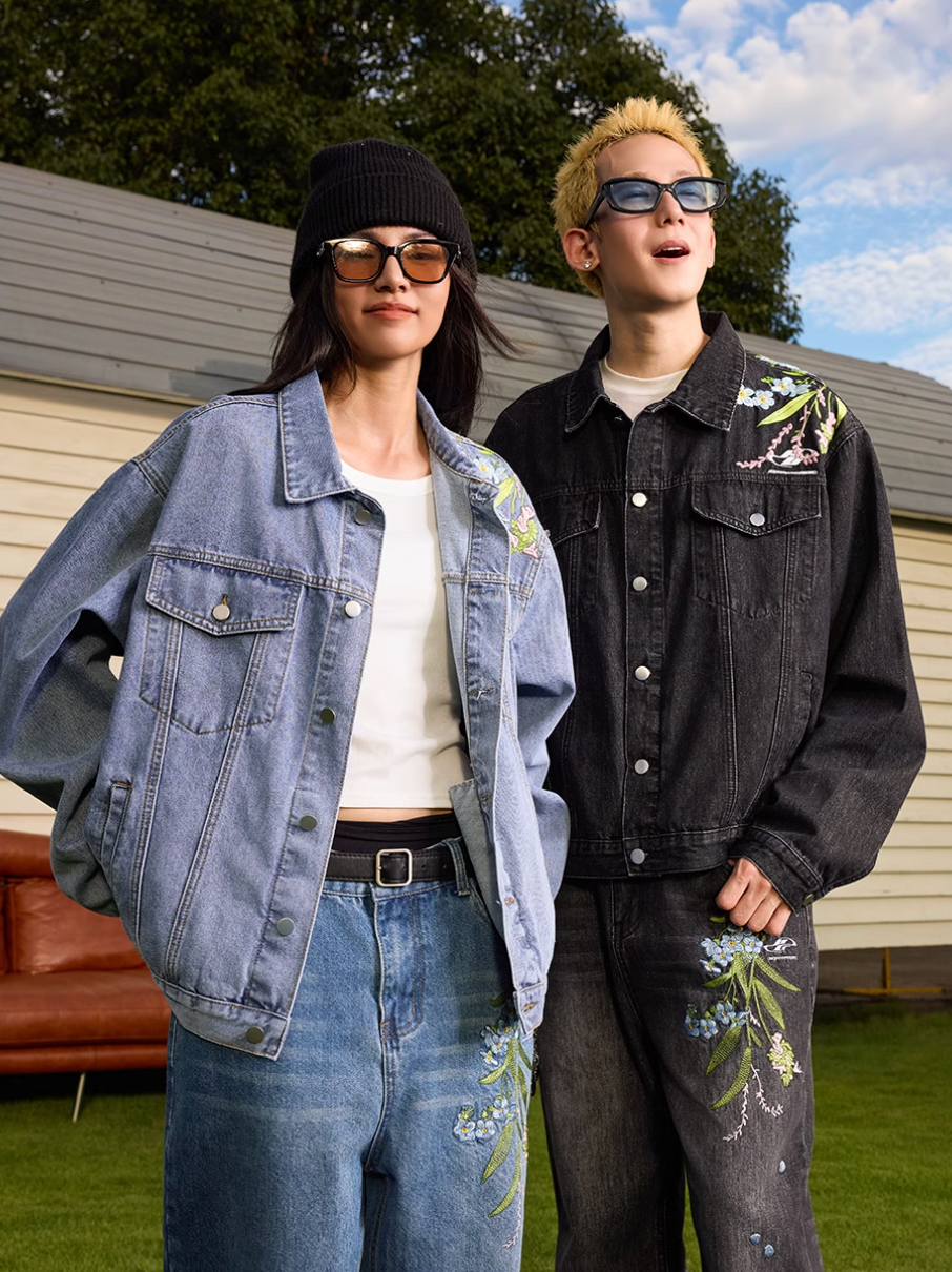 Harsh and Cruel Floral Embroidered Washed Denim Jacket