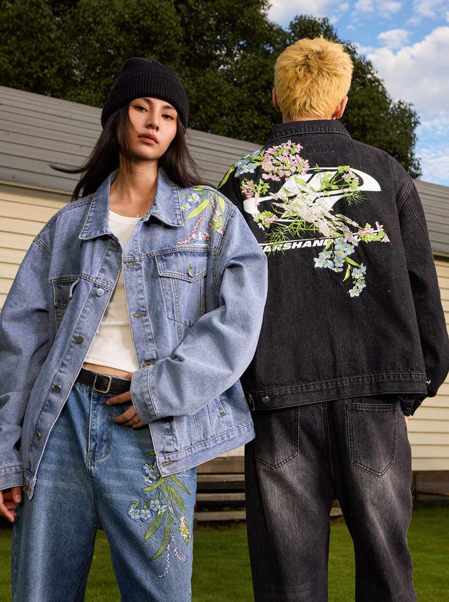 Harsh and Cruel Floral Embroidered Washed Denim Jacket