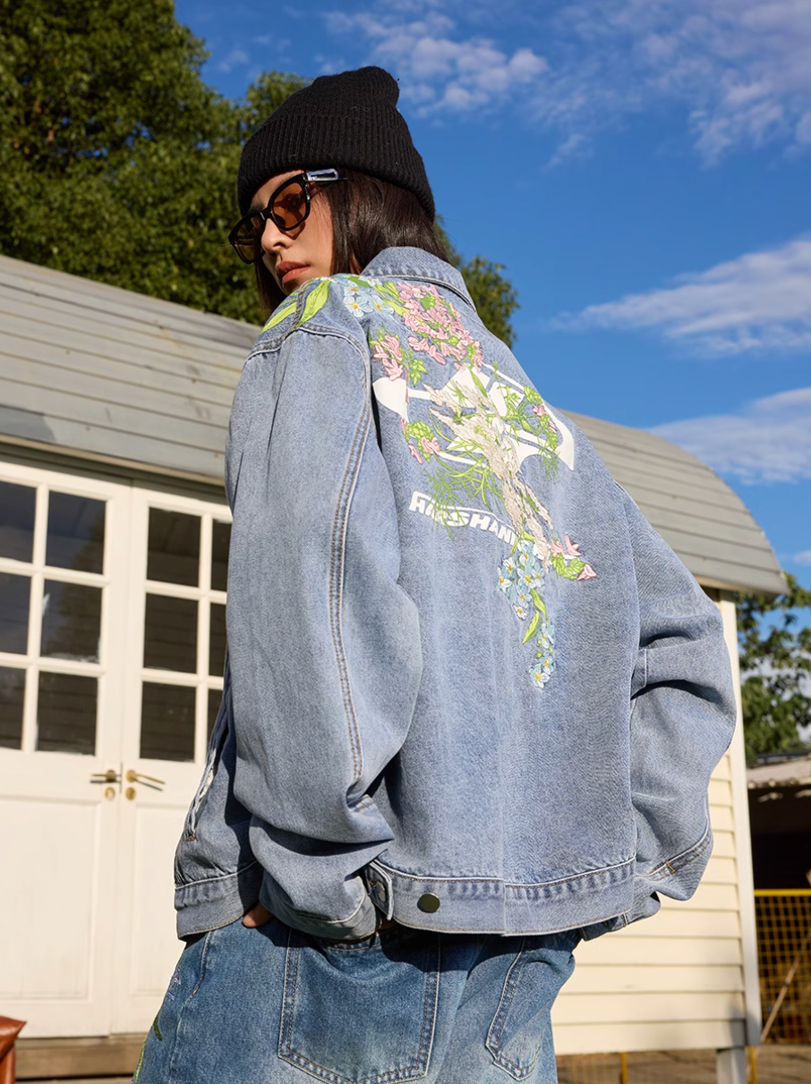 Harsh and Cruel Floral Embroidered Washed Denim Jacket