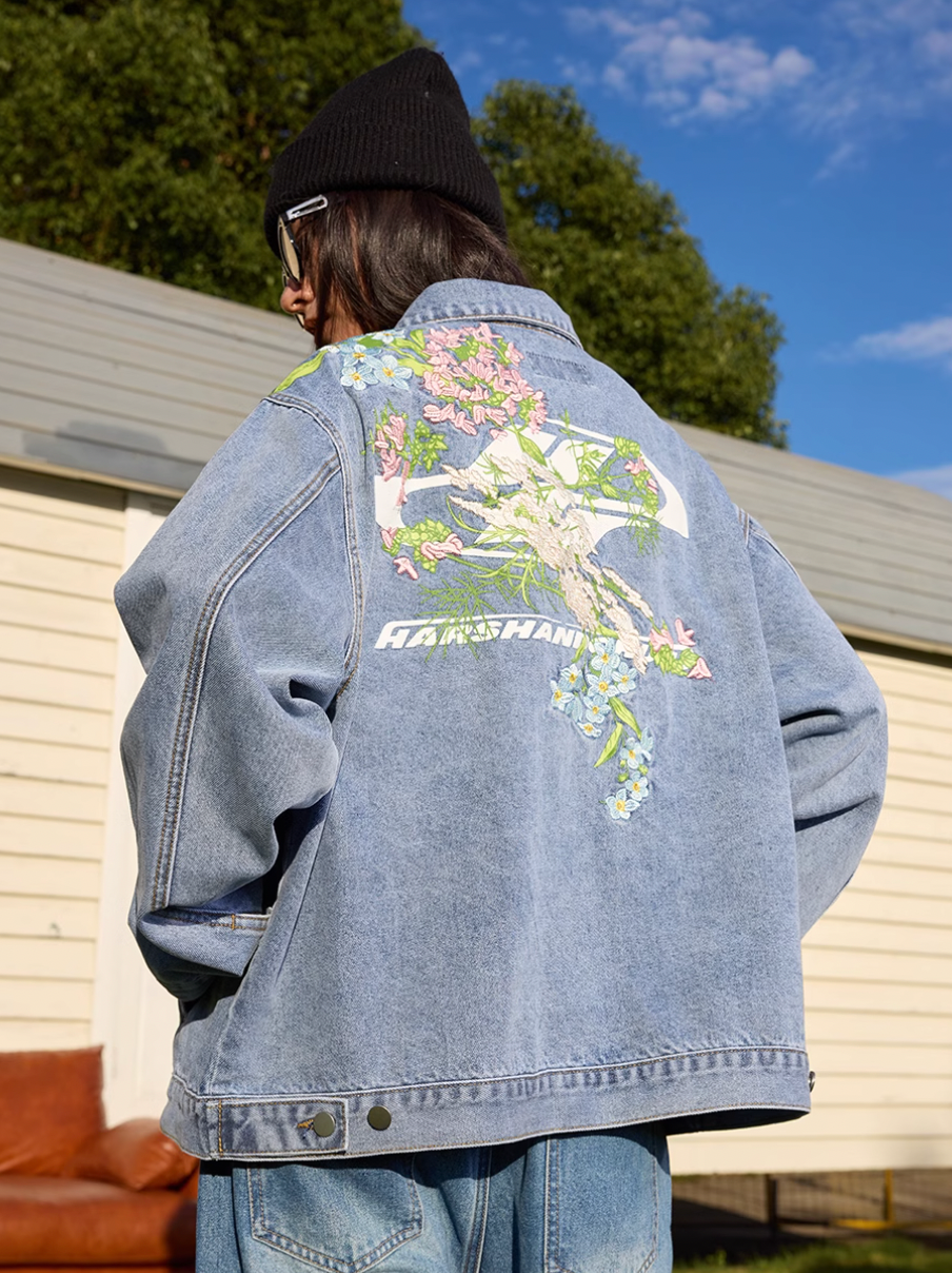 Harsh and Cruel Floral Embroidered Washed Denim Jacket