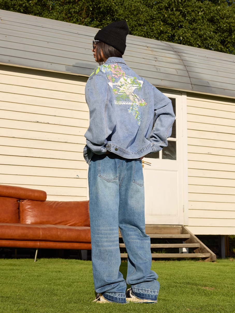 Harsh and Cruel Floral Embroidered Washed Denim Jacket