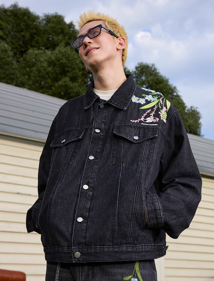Harsh and Cruel Floral Embroidered Washed Denim Jacket