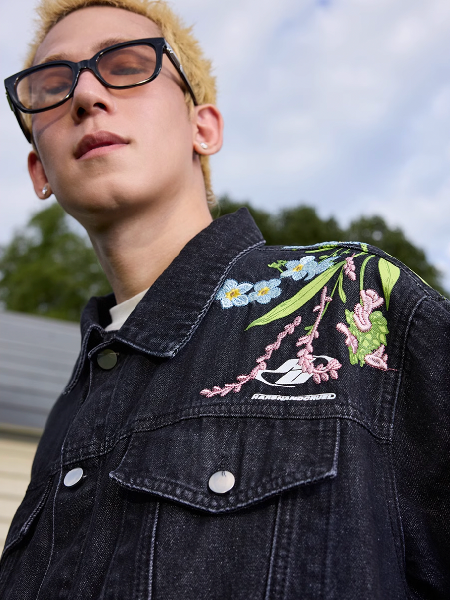 Harsh and Cruel Floral Embroidered Washed Denim Jacket