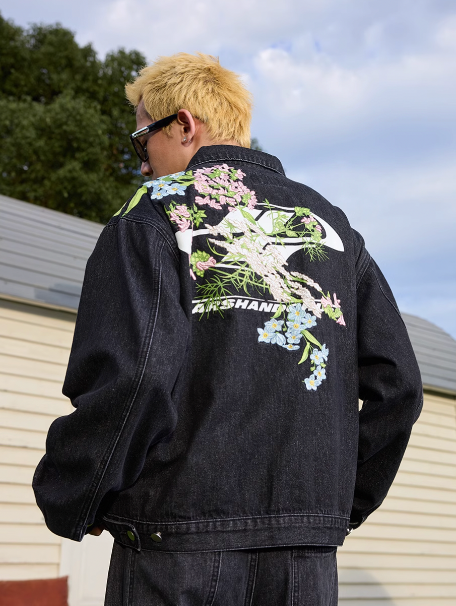 Harsh and Cruel Floral Embroidered Washed Denim Jacket