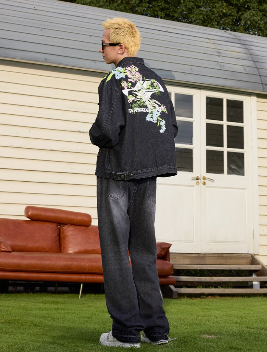 Harsh and Cruel Floral Embroidered Washed Denim Jacket