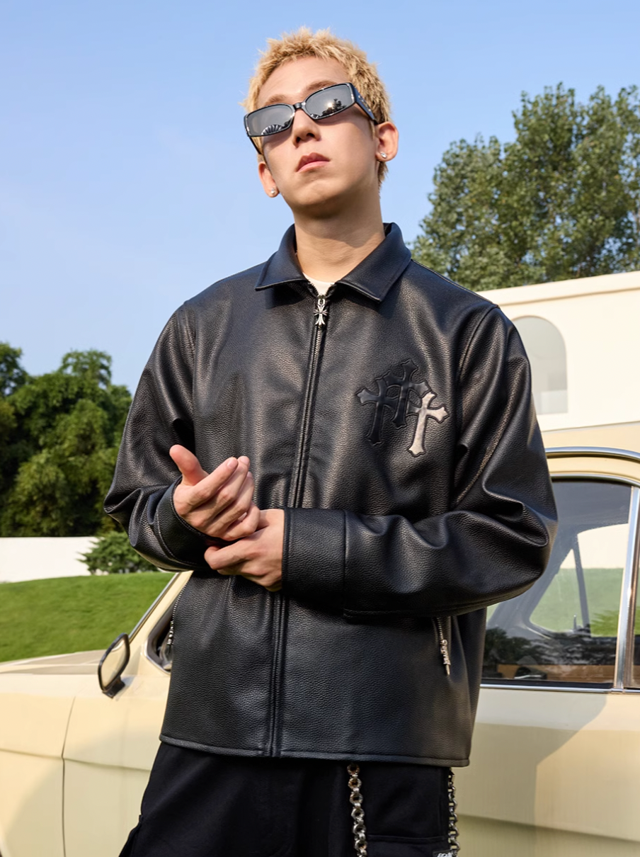Harsh and Cruel Metal Cross Logo Textured Leather Jacket