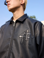 Harsh and Cruel Metal Cross Logo Textured Leather Jacket