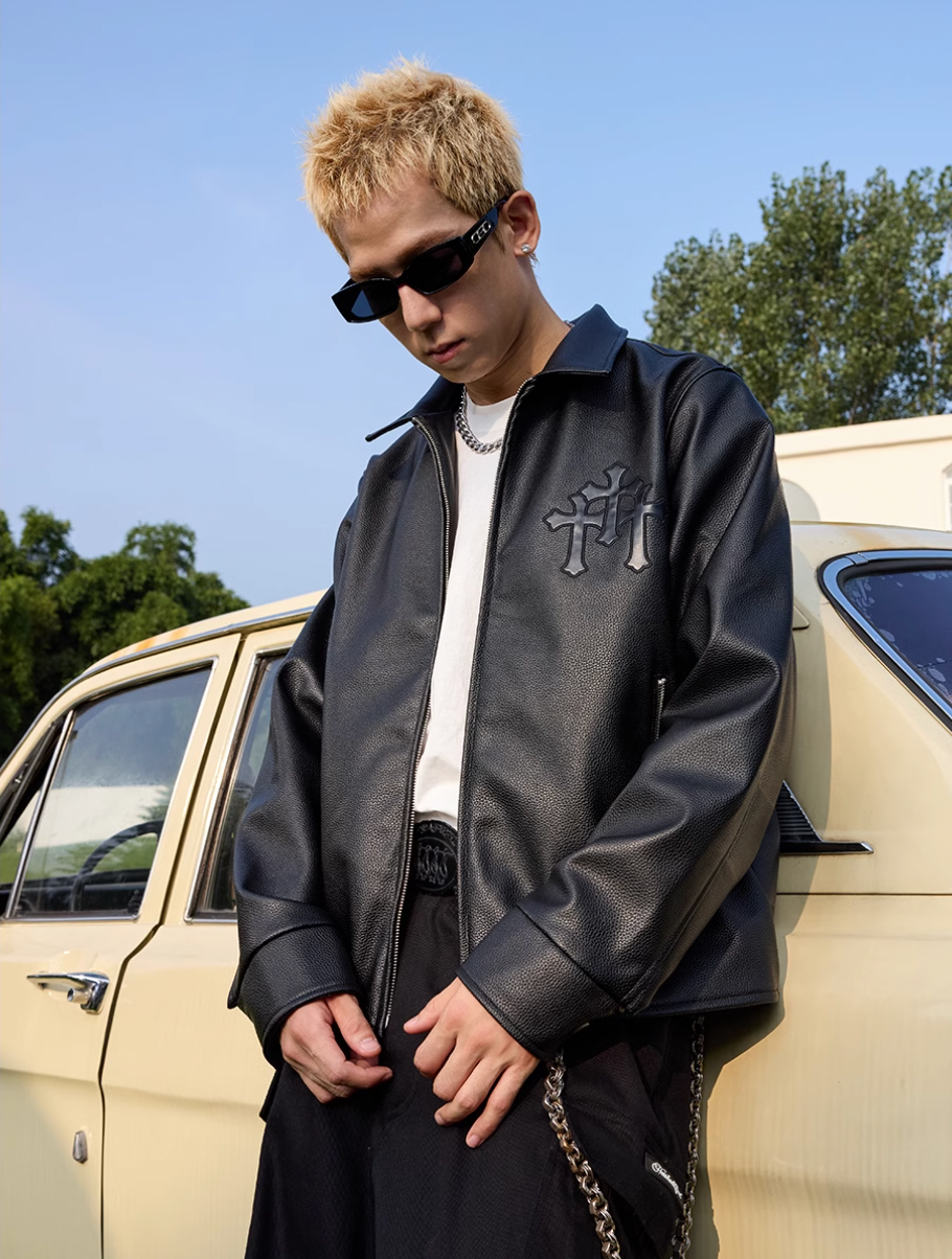 Harsh and Cruel Metal Cross Logo Textured Leather Jacket