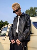 Harsh and Cruel Metal Cross Logo Textured Leather Jacket