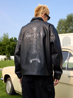 Harsh and Cruel Metal Cross Logo Textured Leather Jacket