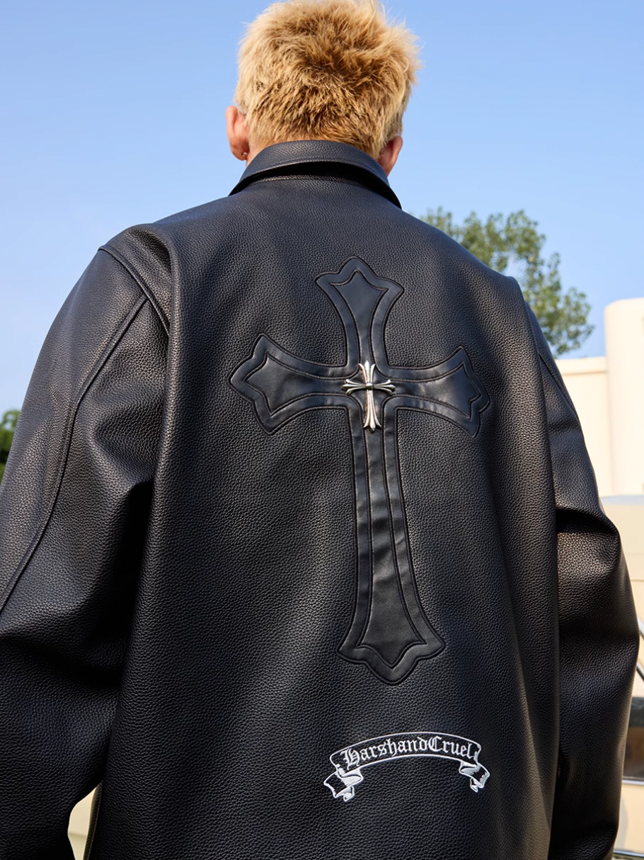 Harsh and Cruel Metal Cross Logo Textured Leather Jacket