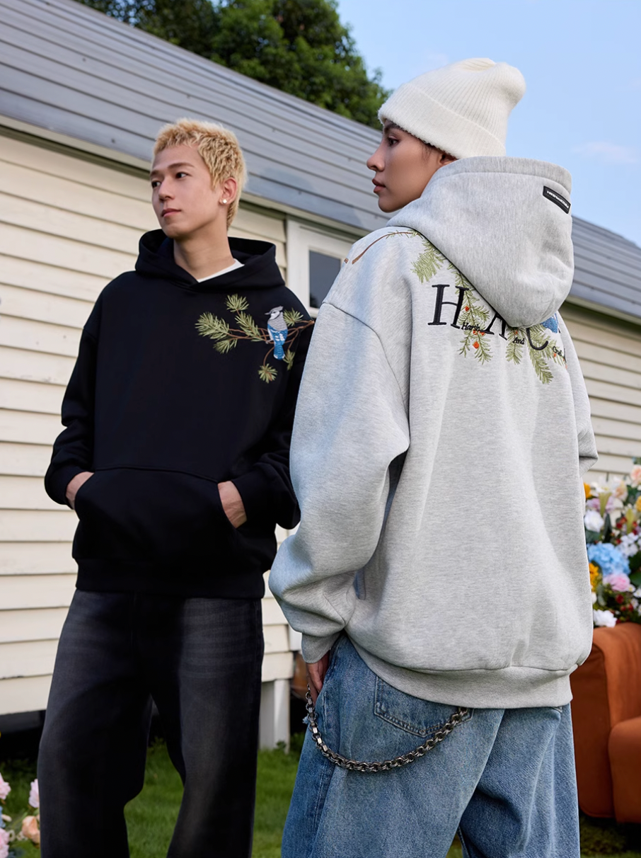 Harsh and Cruel Embroidered Pine Bird Hoodie