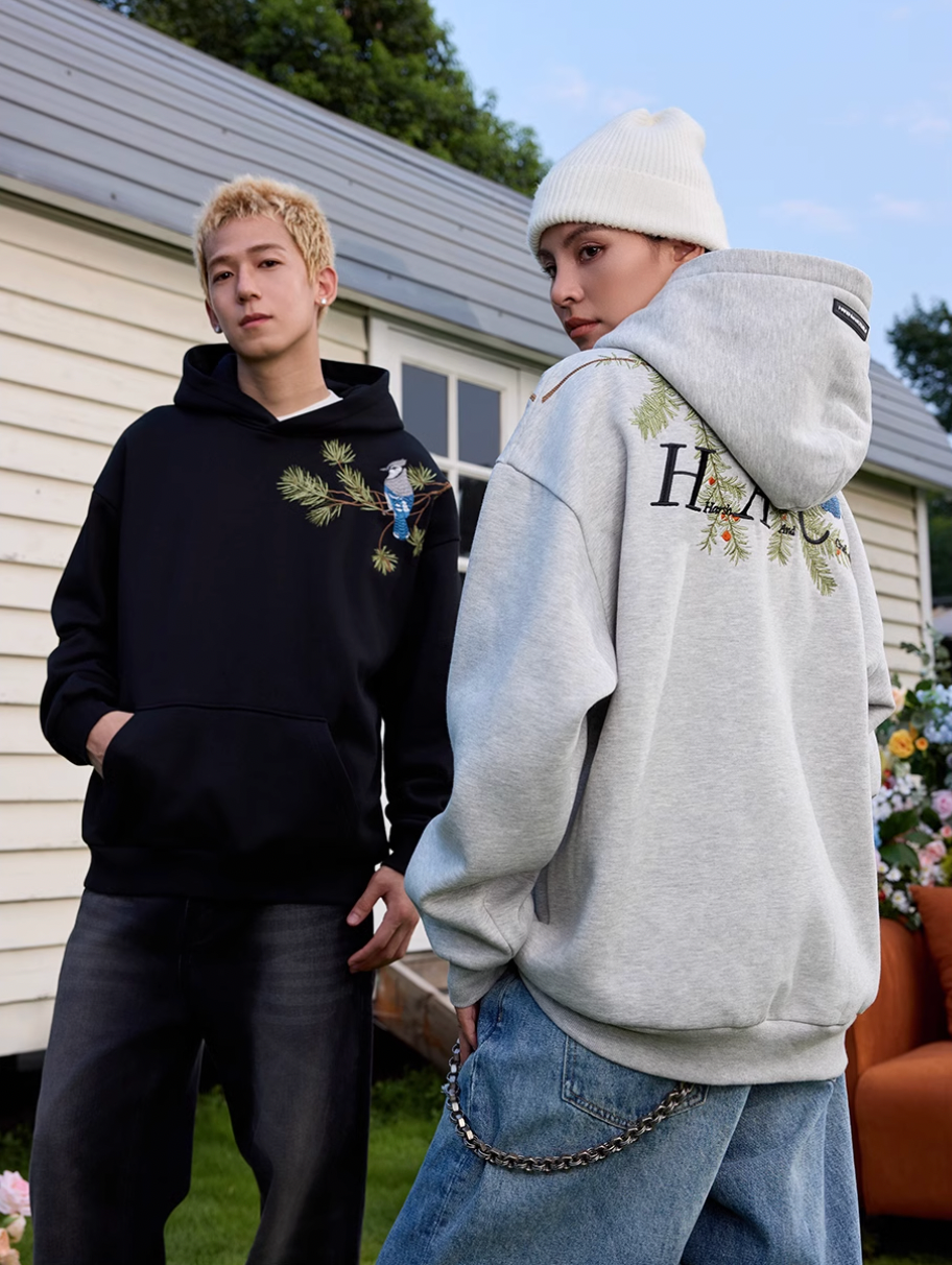 Harsh and Cruel Embroidered Pine Bird Hoodie