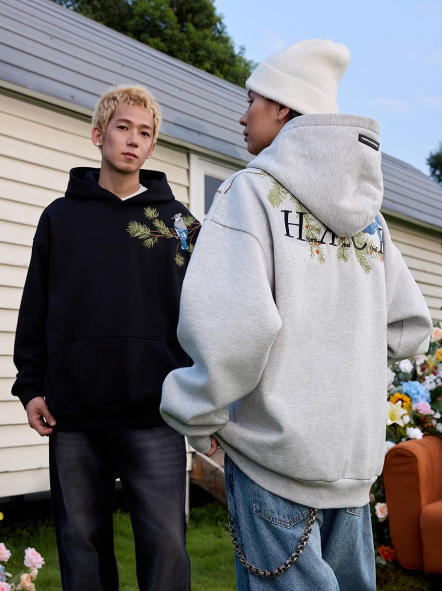 Harsh and Cruel Embroidered Pine Bird Hoodie