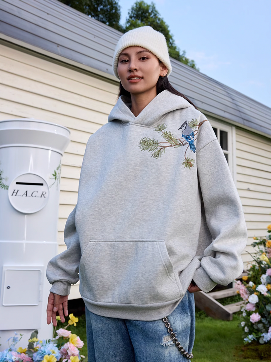 Harsh and Cruel Embroidered Pine Bird Hoodie