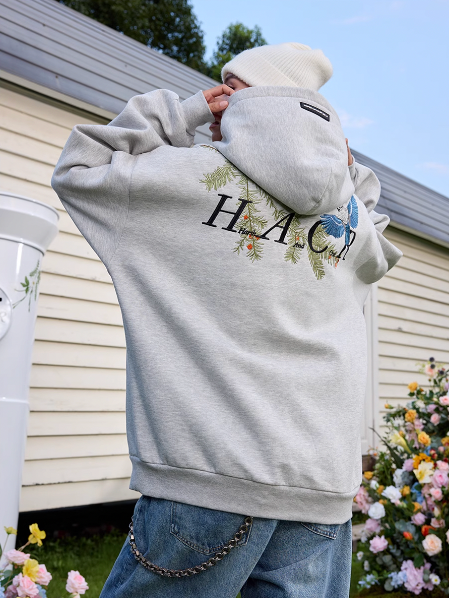 Harsh and Cruel Embroidered Pine Bird Hoodie
