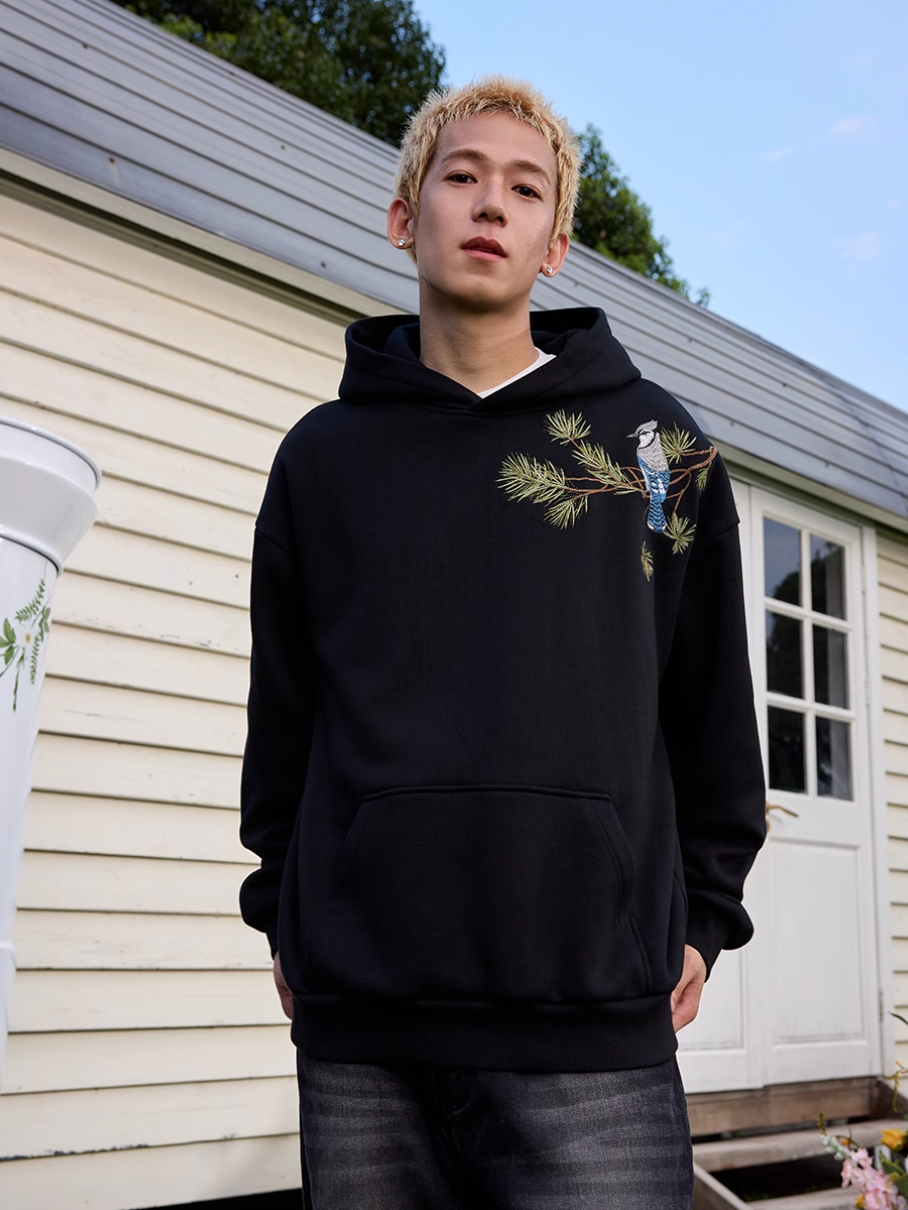Harsh and Cruel Embroidered Pine Bird Hoodie