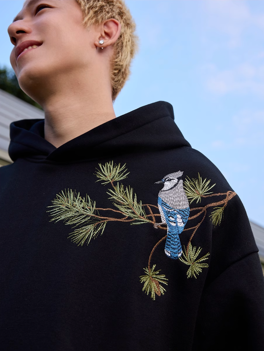 Harsh and Cruel Embroidered Pine Bird Hoodie