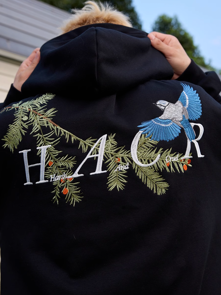 Harsh and Cruel Embroidered Pine Bird Hoodie