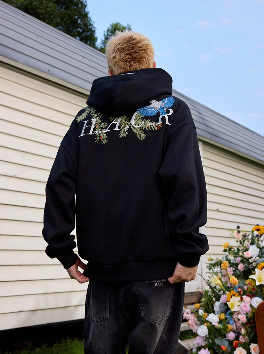 Harsh and Cruel Embroidered Pine Bird Hoodie