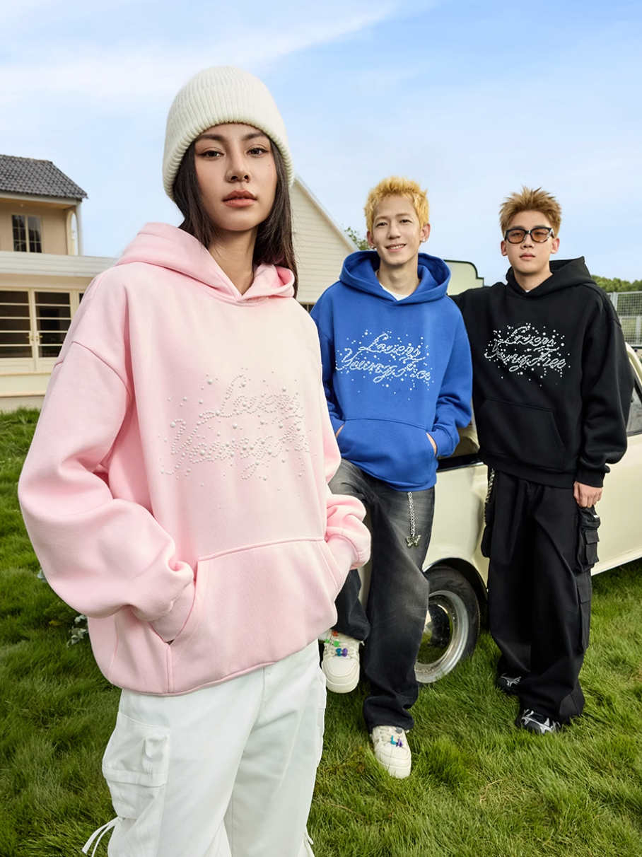 Harsh and Cruel Handwritten Font Pearl Embellished Crafted Hoodie