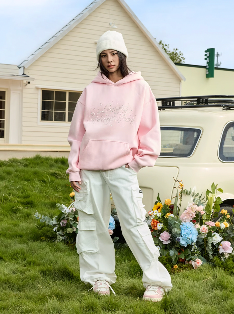 Harsh and Cruel Handwritten Font Pearl Embellished Crafted Hoodie