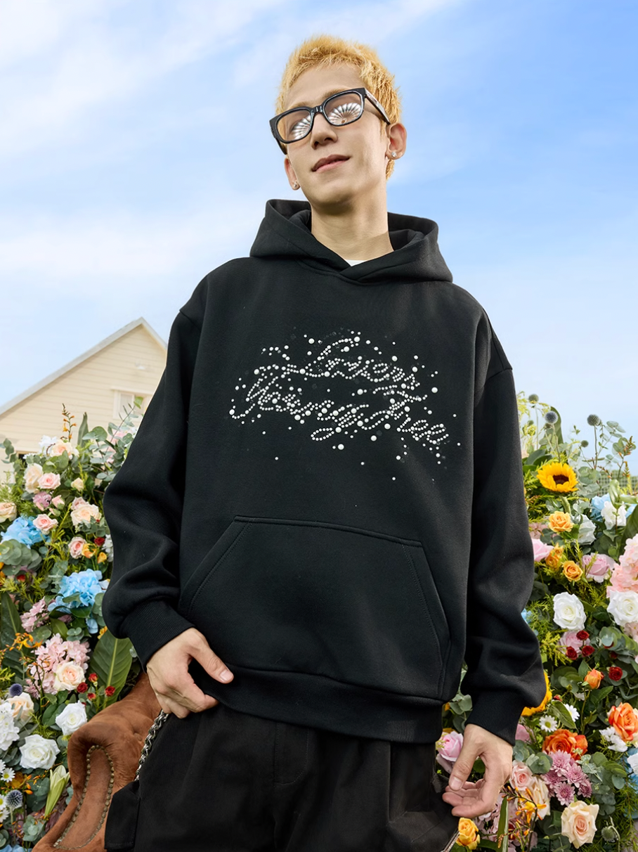 Harsh and Cruel Handwritten Font Pearl Embellished Crafted Hoodie