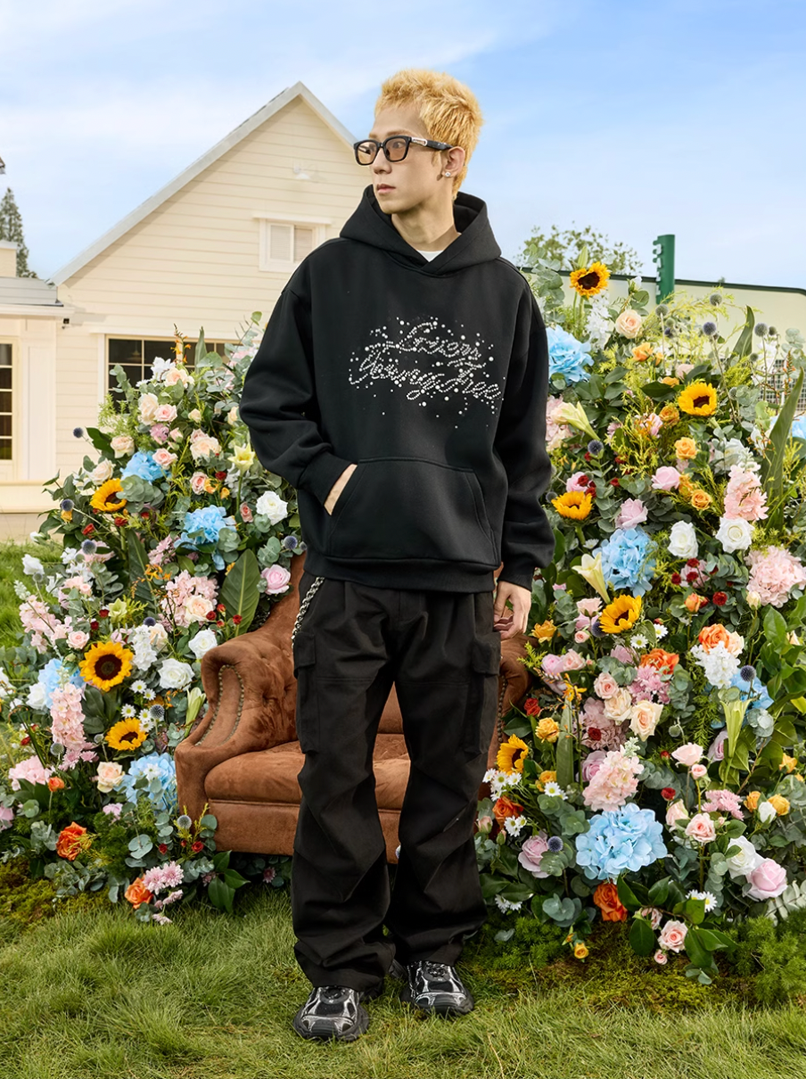 Harsh and Cruel Handwritten Font Pearl Embellished Crafted Hoodie