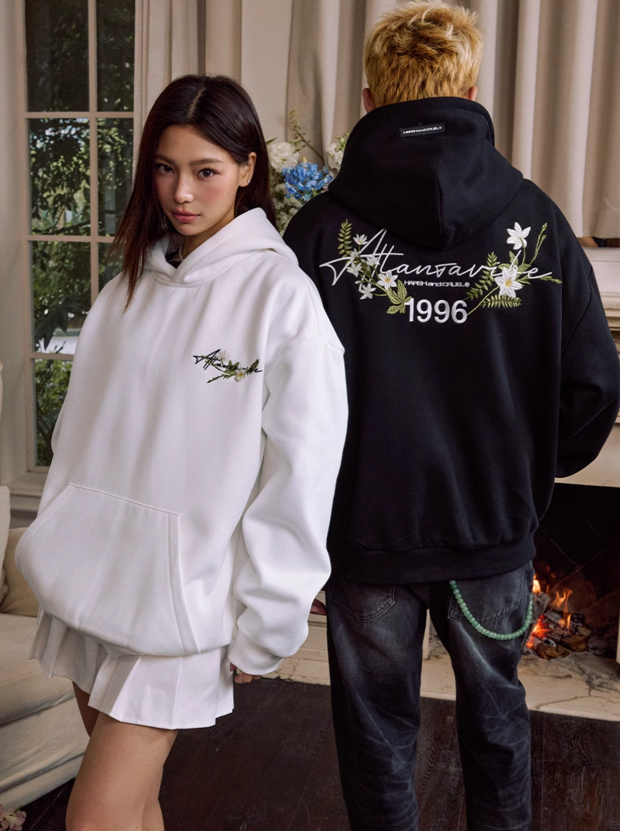 Harsh and Cruel Floral Wreath Embroidered Botanical Hoodie