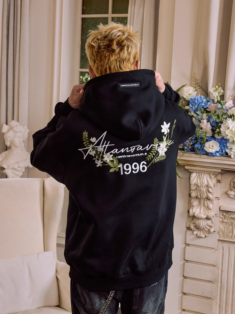 Harsh and Cruel Floral Wreath Embroidered Botanical Hoodie