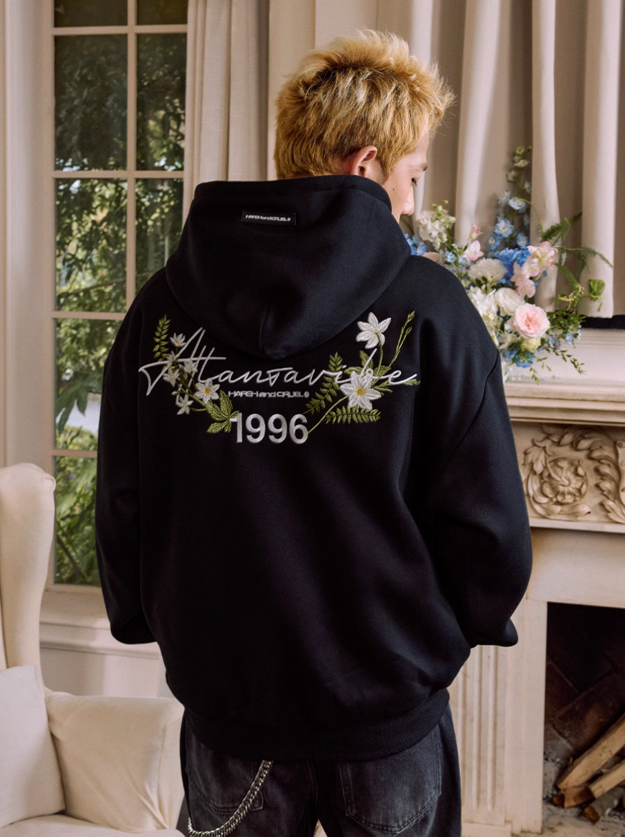 Harsh and Cruel Floral Wreath Embroidered Botanical Hoodie