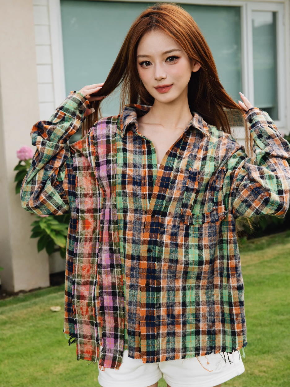 S45 Patchwork Plaid Long Sleeved Shirt