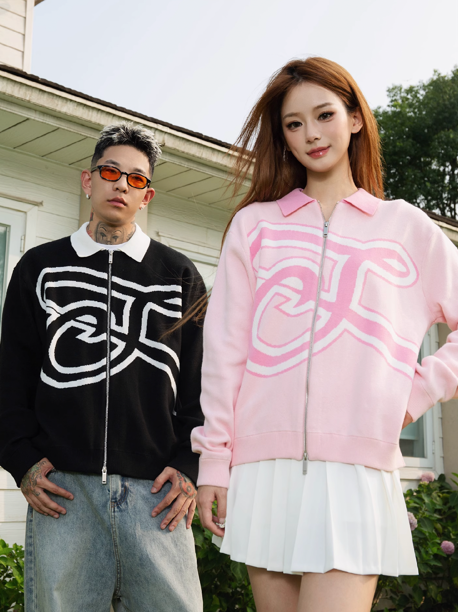S45 Handwritten S Letter Zip Up Knit Cardigan
