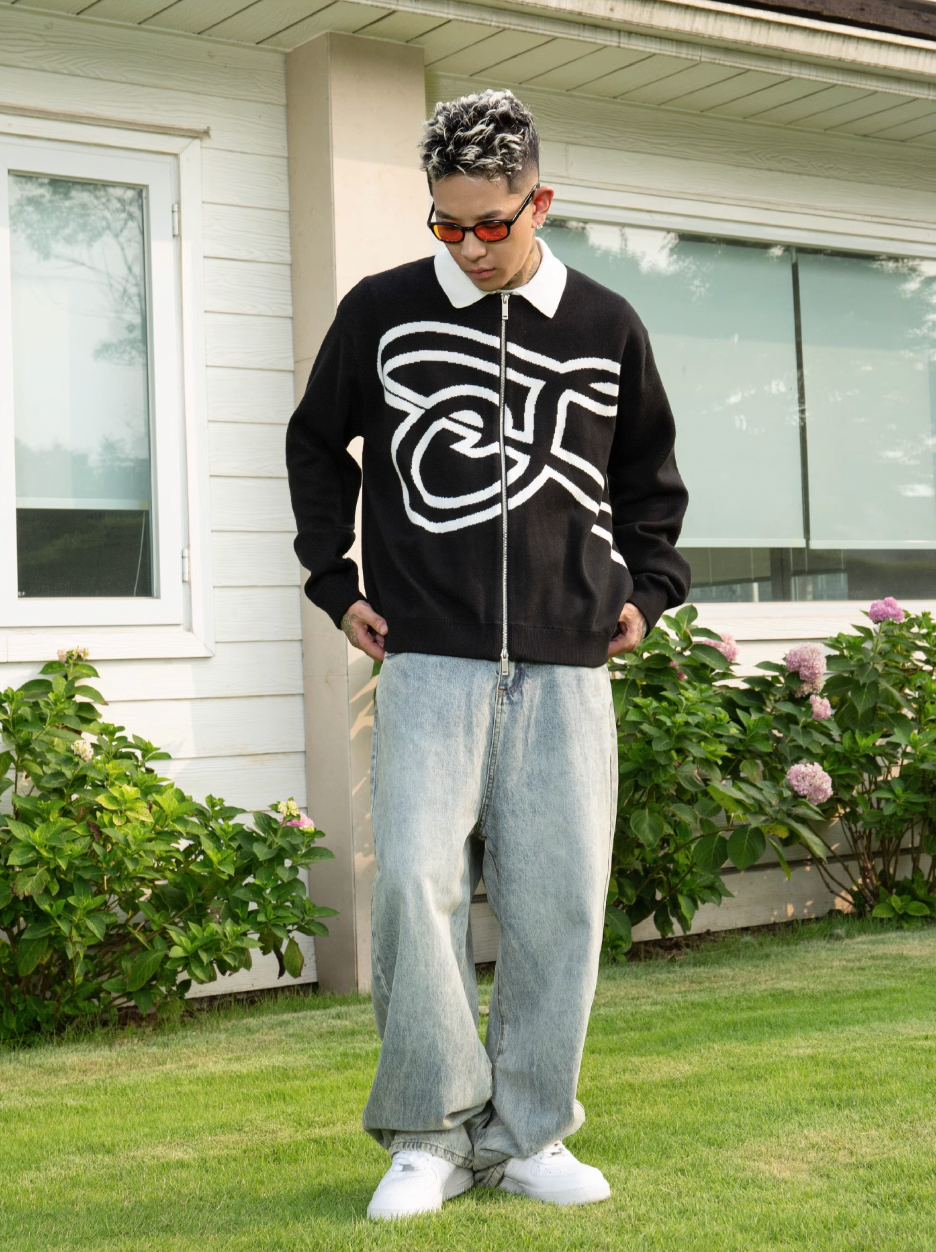 S45 Handwritten S Letter Zip Up Knit Cardigan