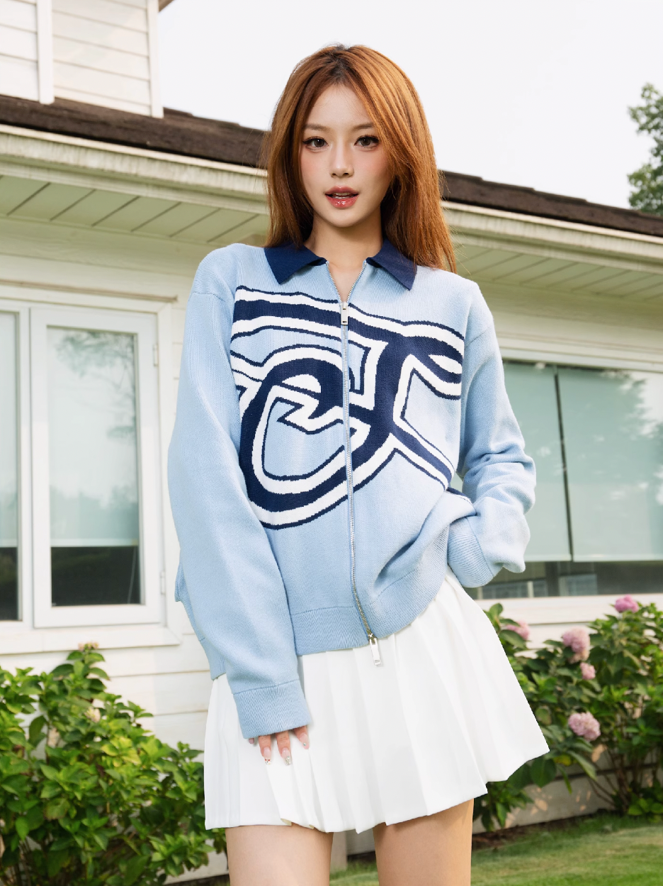 S45 Handwritten S Letter Zip Up Knit Cardigan