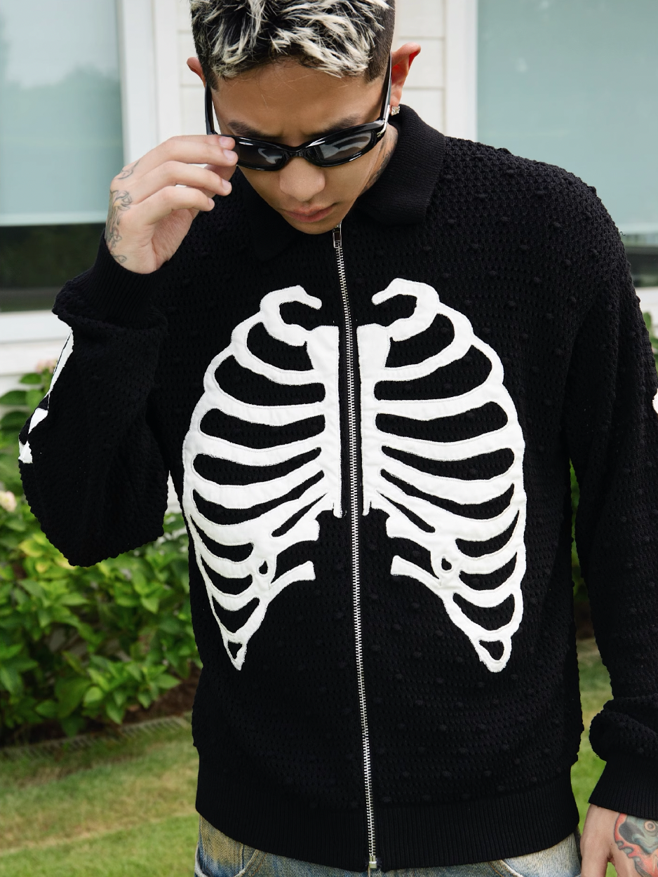 S45 Skeleton Mesh Zip Up Knit Cardigan