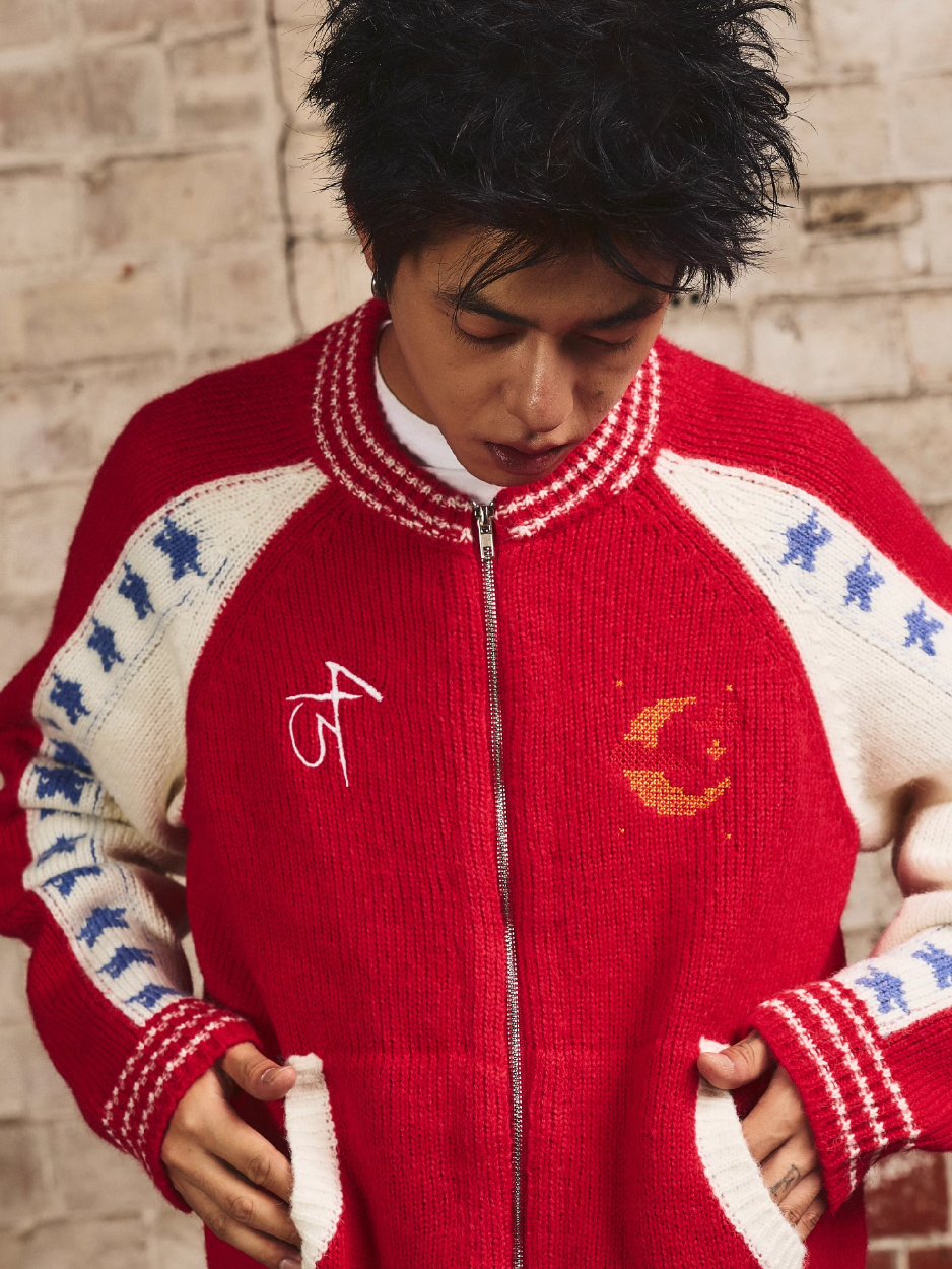 S45 Color Blocking Star Zip Up Cowichan Cardigan