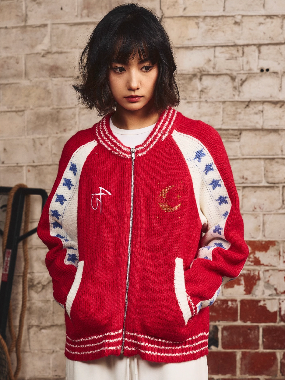 S45 Color Blocking Star Zip Up Cowichan Cardigan