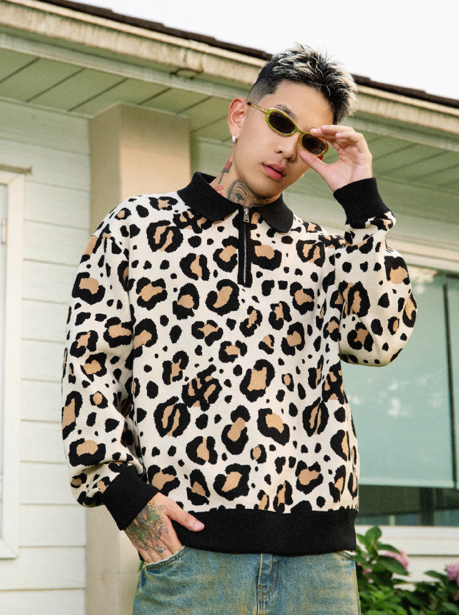 S45 Leopard Jacquard Polo Collar Knit Sweater