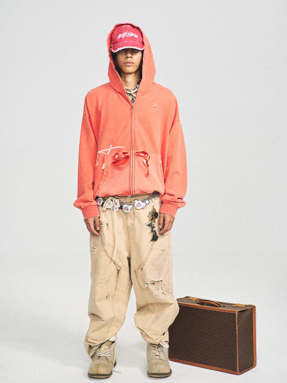 STEEPC Washed Aged Red Raglan Zip Up Hoodie