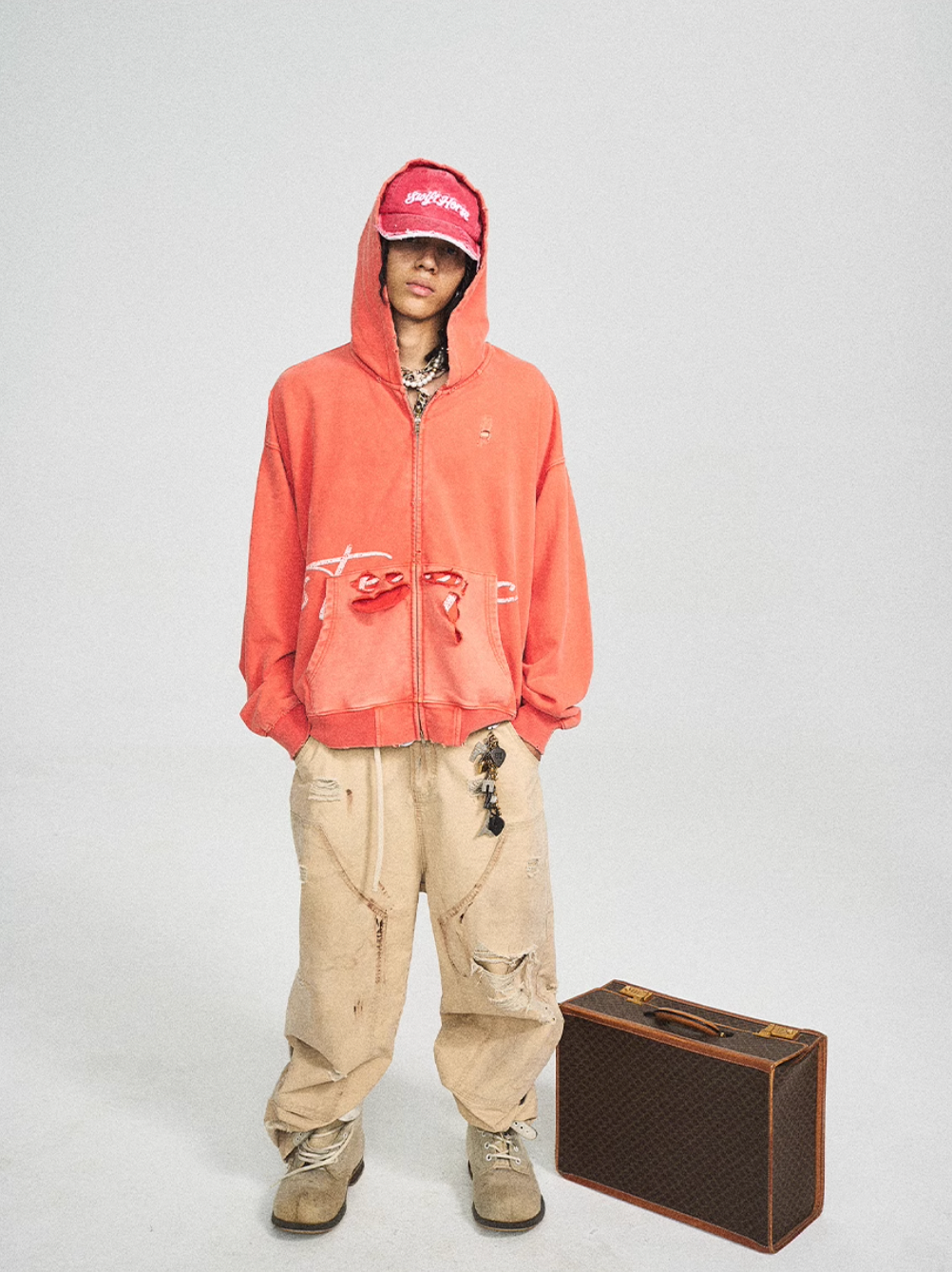 STEEPC Washed Aged Red Raglan Zip Up Hoodie