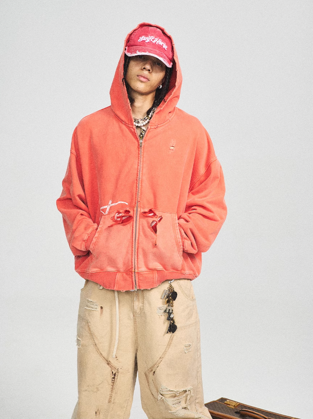STEEPC Washed Aged Red Raglan Zip Up Hoodie